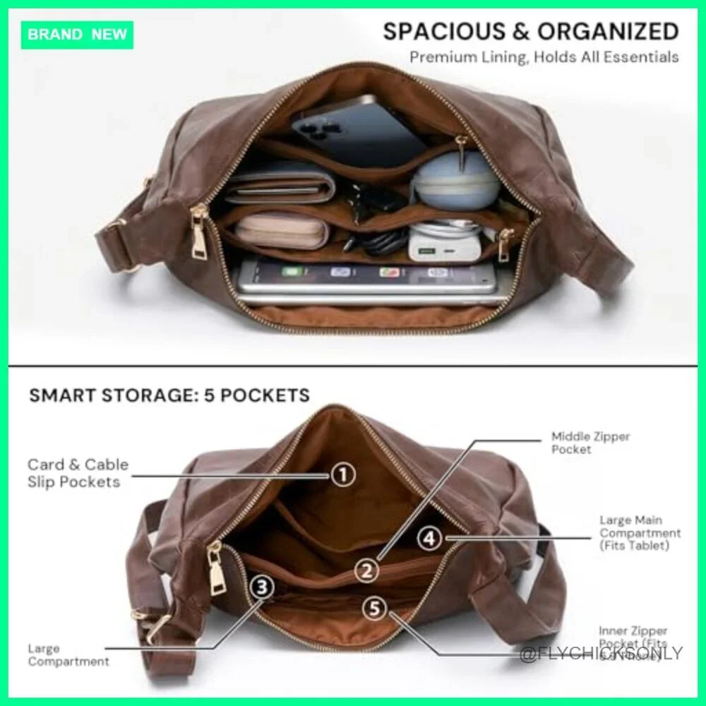 Soft Vegan Leather Hobo Bag Adjustable Strap Crossbody Tote Multi Pocket